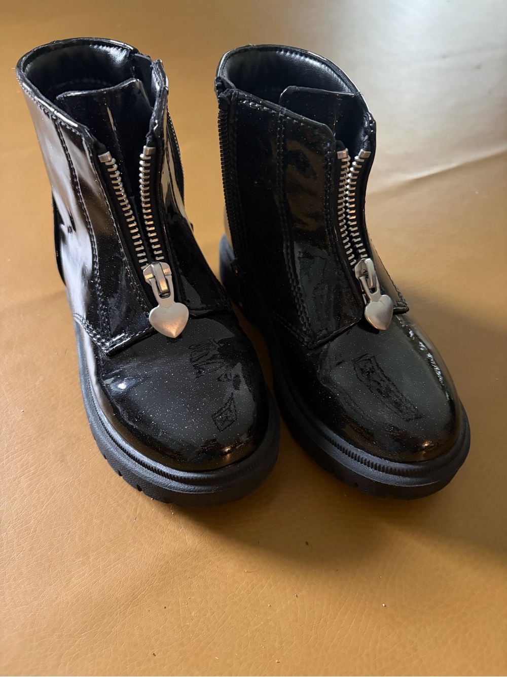 Black Toddler Kids Patent Zip Front Boots with Heart Pull